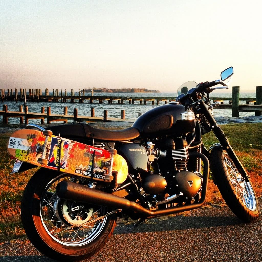 Skateboard rack on a Bonneville! Triumph Forum Triumph Rat