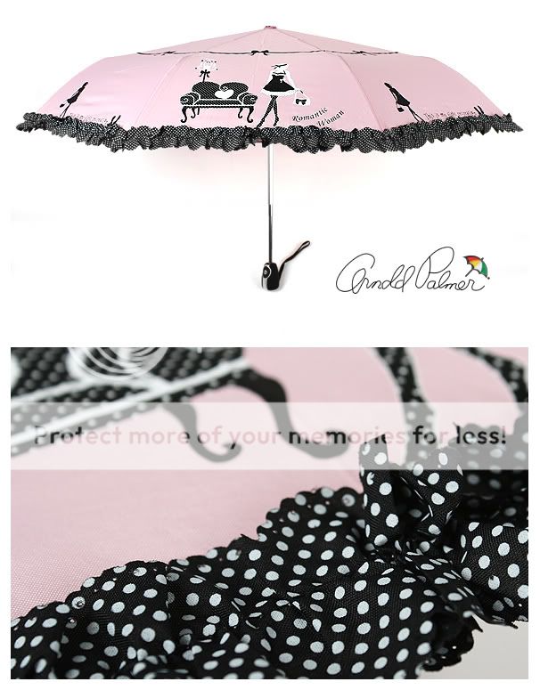 Lace POLKA DOT FRILL AUTO Folding Umbrella pink black  